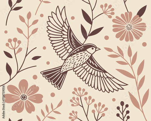 Elegant boho seamless pattern featuring abstract orchid flowers in soft earthy pastel colors. Perfect for textiles, wallpapers, packaging, and modern bohemian projects.