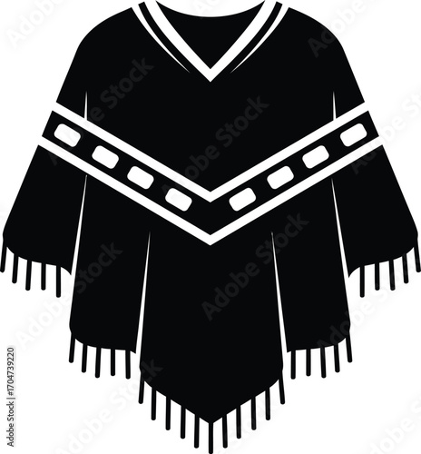 Simple black poncho with white geometric pattern and fringe detail