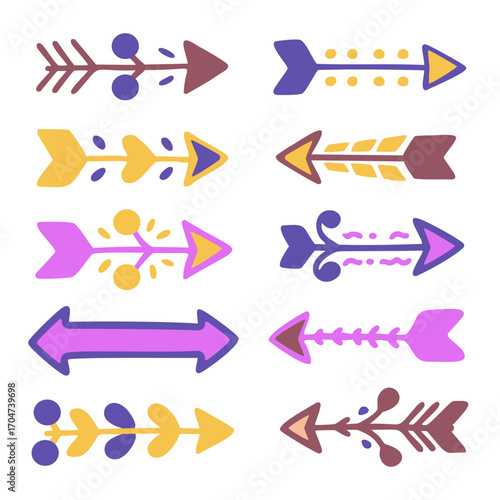 Decorative Boho Colorful Arrow Design Bundle Vector Illustration, Creative arrow ornament set in vector format, ideal for digital designs, print materials.