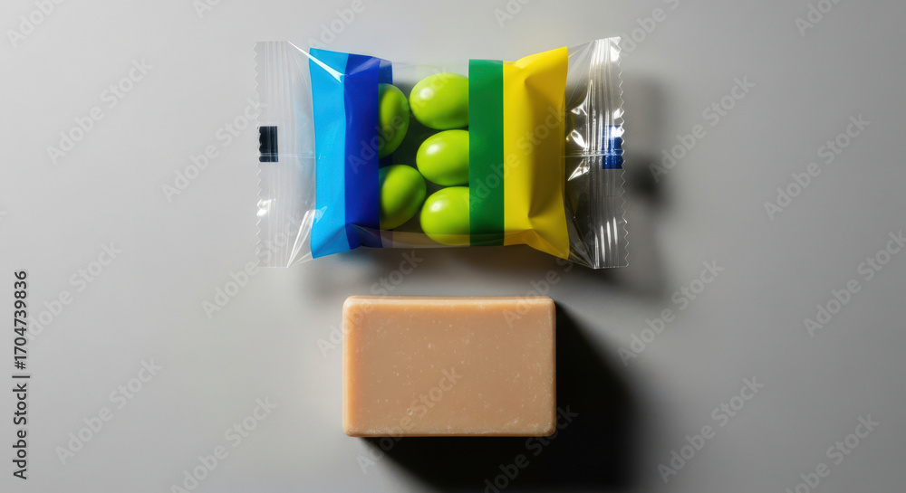 Obraz premium Minimalist Soap Still Life: A Bar of Soap and a Packaged Set of Green Objects on a Neutral Background, Emphasizing Cleanliness and Simplicity in Design