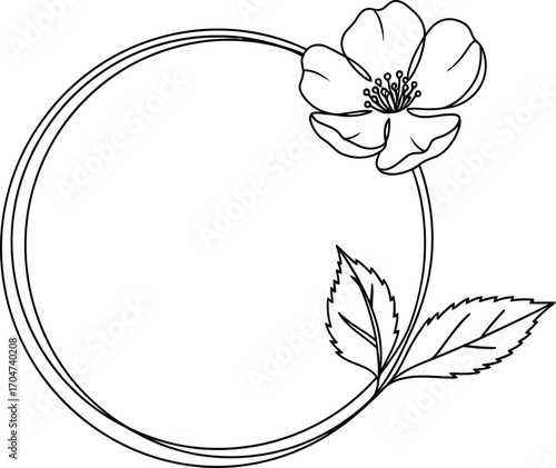 Delicate floral circle frame with blooming flower and leaves, perfect for elegant design.