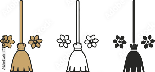 Charming collection of stylized brooms with floral accents, perfect for spring cleaning themes.