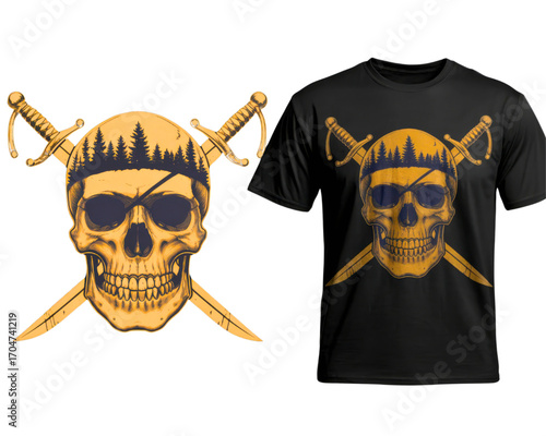 Golden skull with eye patch and crossed swords on a t shirt display item