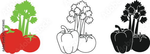 Fresh garden vegetables including tomatoes, bell peppers, and celery, presented in colorful, outline, and silhouette styles.