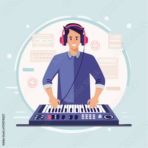 Happy young man wearing headphones plays a keyboard synthesizer, creating music.