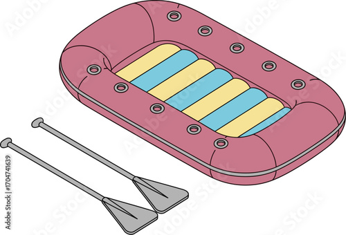 Inflatable raft with oars, ready for water adventure