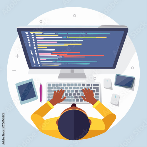 Programmer coding at desk, top-down view, computer screen displaying code, hands typing.