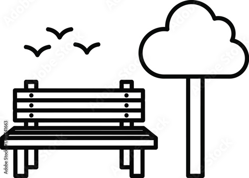 Peaceful park bench under a leafy tree with birds flying overhead