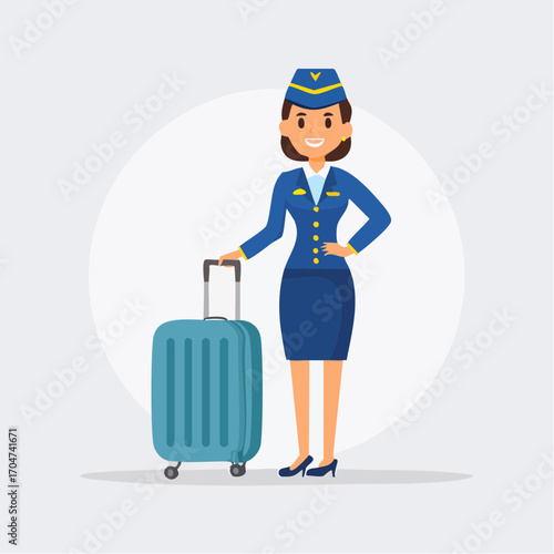 Friendly flight attendant in uniform stands beside wheeled suitcase.