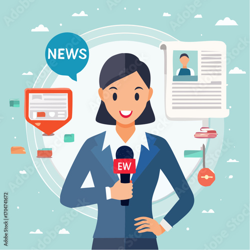 Smiling female news reporter holding microphone, delivering breaking news report.
