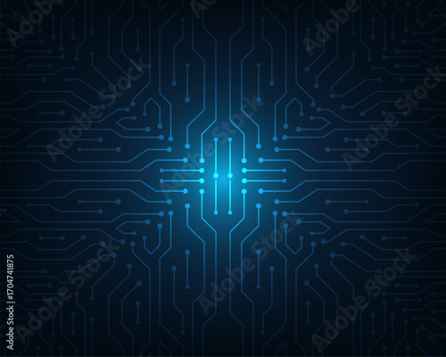 technology digital circuit board with glowing core and blue network pattern symbolizing data flow connectivity innovation processing power and futuristic communication design