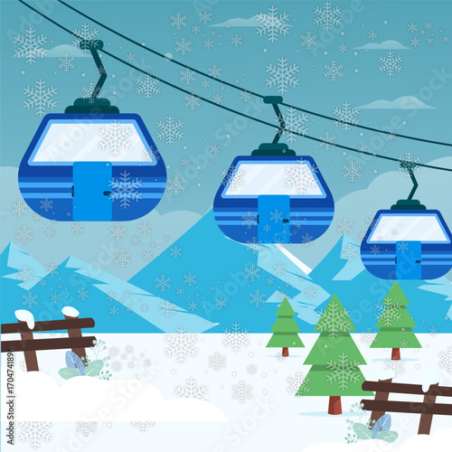 Blue Ski Lift Gondolas moving in Snow Mountains. Winter Scene Illustration.