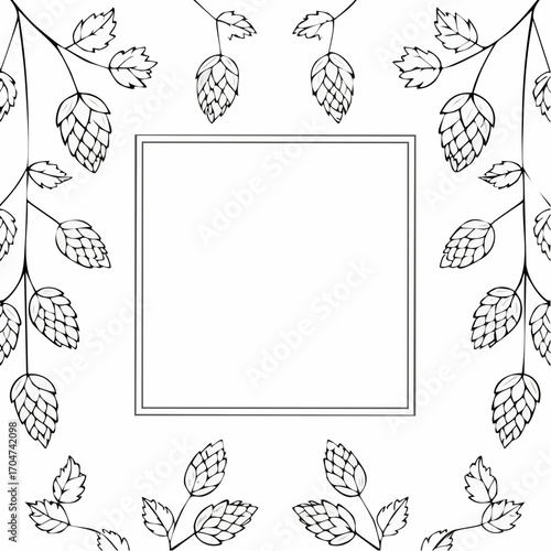 Rectangular Frame with Hops. A branch with dense leaves and cones. Sagging shoots with leaves. Wild nature. Flat style illustration with place for text. Isolated on white. Vector
