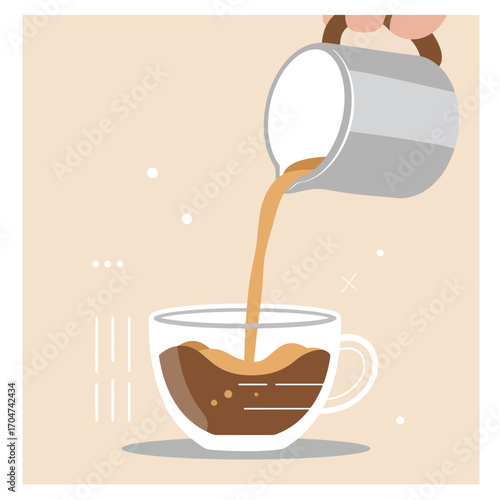Minimalist Vector Illustration of Coffee Pouring into Cup in Modern Organic Style with Neutral Color Palette