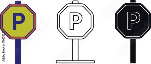 Parking sign with 'P' symbol in different styles: color, outline, and silhouette