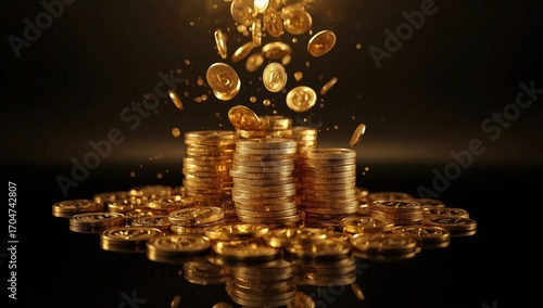 Piles of Gold Coins Falling in a Dramatic Display