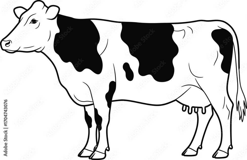 Fototapeta premium Black and white illustration of a healthy dairy cow standing peacefully.