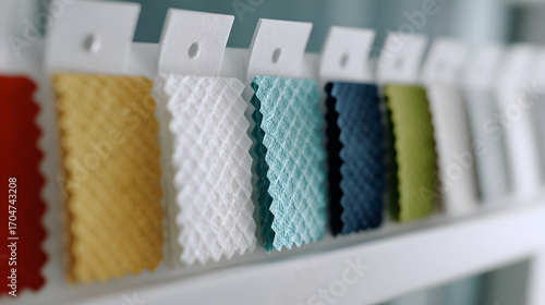 A swatch board displaying various textured color samples in a factory.
