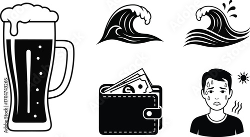 Collection of icons representing refreshment, finance, and heat discomfort.