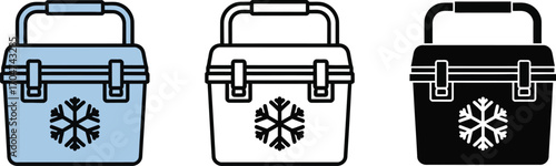 Three colorful cooler boxes with snowflake symbols, ready for outdoor adventures
