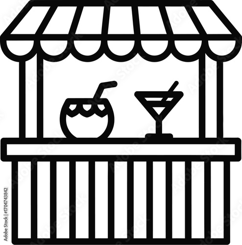 Tropical beach bar serving refreshing coconut and cocktail drinks on a sunny day.