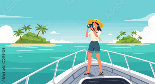 Woman Enjoying Tropical Voyage And Capturing Scenic Island Views