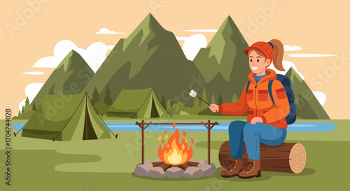 Woman Relaxing By Campfire In A Mountainous Landscape Illustration