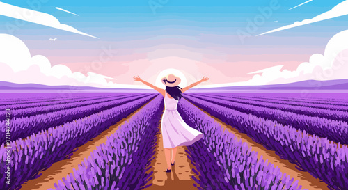 Woman Enjoying The Aroma Of Lavender Field At Sunrise