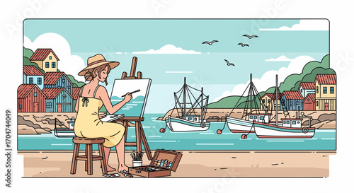 Young Artist Capturing Coastal Charm On Canvas By The Ocean
