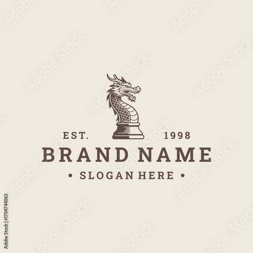 Dragon chess logo vector vintage template design