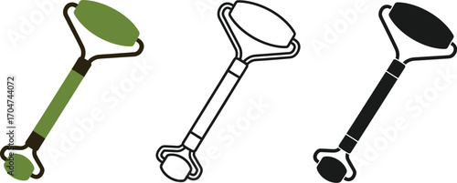 Set of three jade facial rollers, showcasing color, outline, and silhouette for beauty routines.