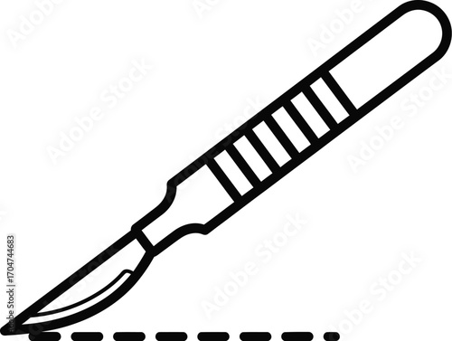Surgical scalpel poised for precision cut on dashed line, symbolizing surgery and medical intervention.