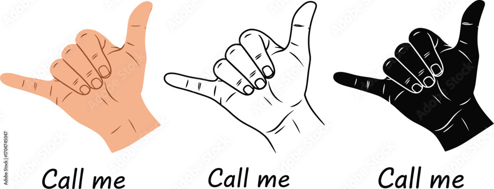 Obraz premium Gesture for 'Call Me' shown in three styles: realistic, line art, and silhouette