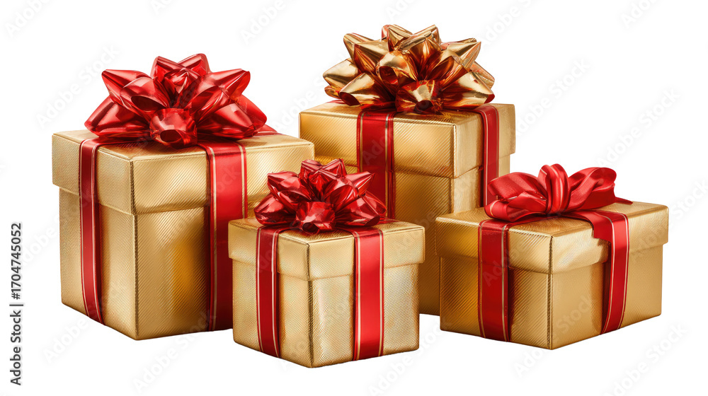 Fototapeta premium Holiday Gift Packages: A collection of elegantly wrapped gift boxes, each adorned with a ribbon and bow, evokes the anticipation and joy of a special occasion.