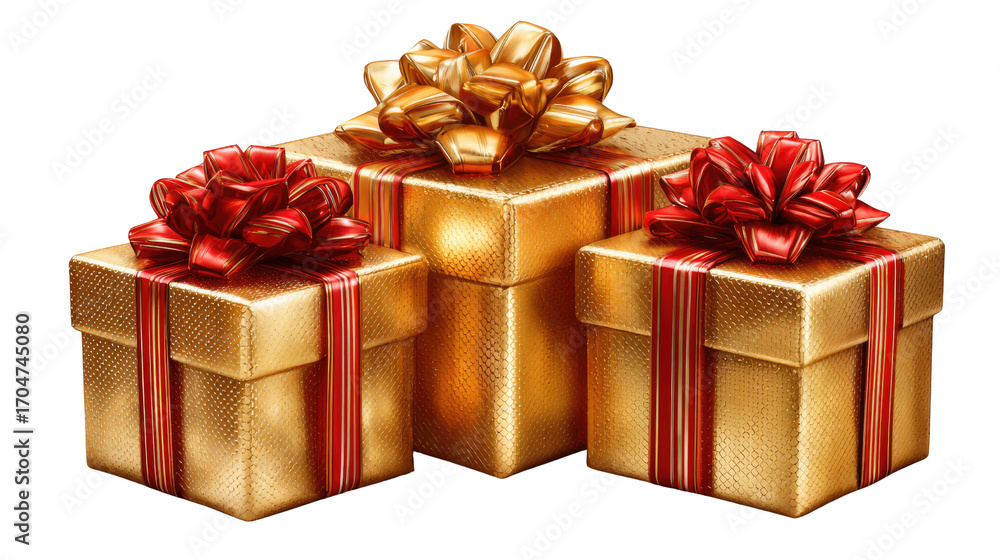 Fototapeta premium Golden Gifts and Festive Ribbons: Three meticulously crafted gift boxes, shimmering with a golden hue and adorned with festive red and gold ribbons and bows.