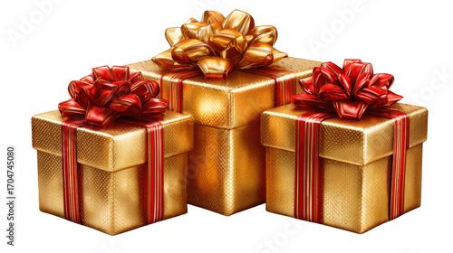 Golden Gifts and Festive Ribbons: Three meticulously crafted gift boxes, shimmering with a golden hue and adorned with festive red and gold ribbons and bows.