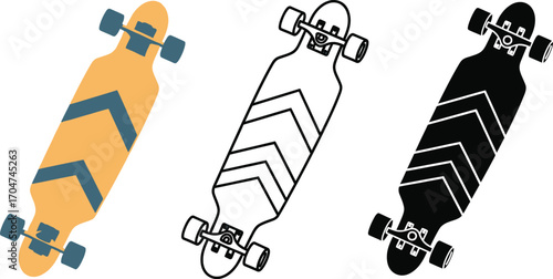 Three longboards displayed in different styles: colored, outline, and silhouette, showcasing a versatile design.