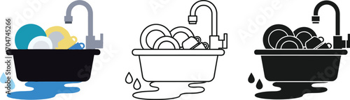 Pile of dirty dishes overflowing in a sink with running water, symbolizing chores and household tasks.