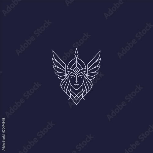 Valkyrie warrior winged helmet line art minimalist logo.