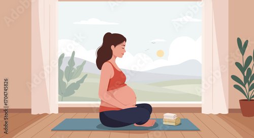 A tranquil flat design illustration depicting an expectant mother finding inner peace through meditation in the comfort of her home, surrounded by natural light and a serene view.