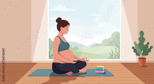 A tranquil flat design illustration depicting an expectant mother finding inner peace through meditation in the comfort of her home, surrounded by natural light and a serene view.