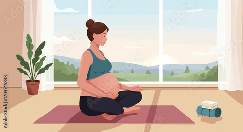 A tranquil flat design illustration depicting an expectant mother finding inner peace through meditation in the comfort of her home, surrounded by natural light and a serene view.