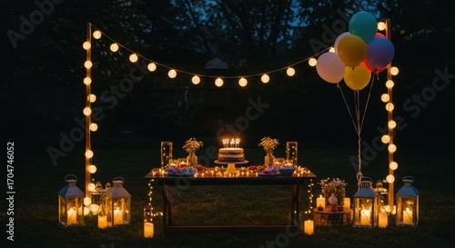 Enchanting outdoor birthday celebration at night with a beautifully decorated dessert table illuminated by glowing string lights and candles