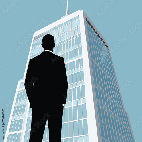 Modern Vector Illustration of Businessman Silhouette Standing in Front of Skyscraper for Corporate Branding