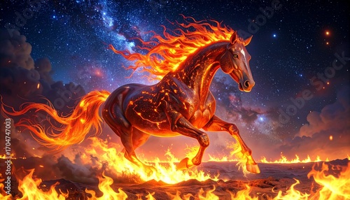 Stunning digital art of a majestic Fire Horse symbolizing 2026, the Year of the Fire Horse. Dynamic flames and a starry sky capture strength, passion, and prosperity in this epic fantasy scene.