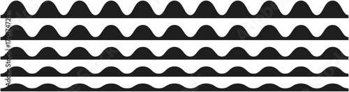 A horizontal black wavy shape, rippled pattern. seamless, curvy, and corrugated graphic. minimalist, and decorative design element