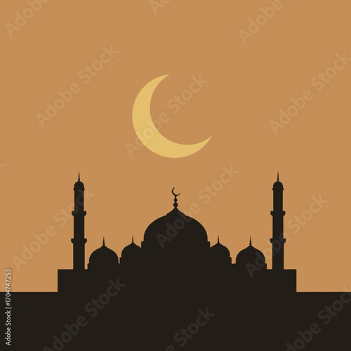 Silhouette Mosque Vector Illustration for Islamic Architecture in Minimalist Style with Dark and Warm Tones