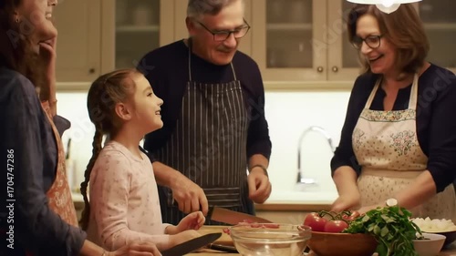Joyful multi-generational family having fun cooking together in a cozy home kitchen