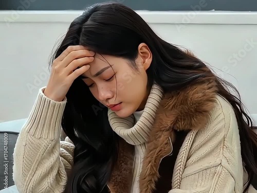 Young woman sitting on sofa with cooling patch on forehead for headache relief, stress or fatigue