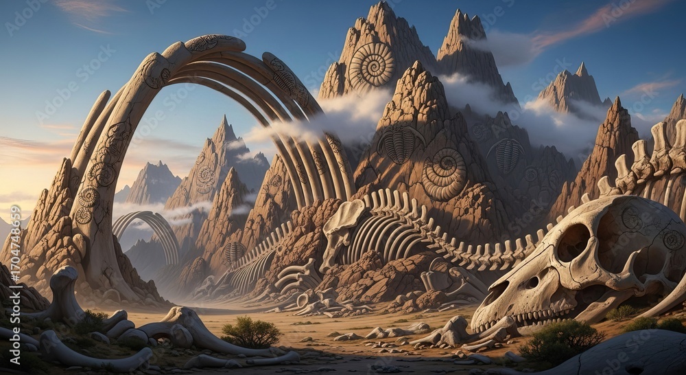 Fototapeta premium Majestic ancient bones form dramatic mountain landscape under a sky of soft clouds